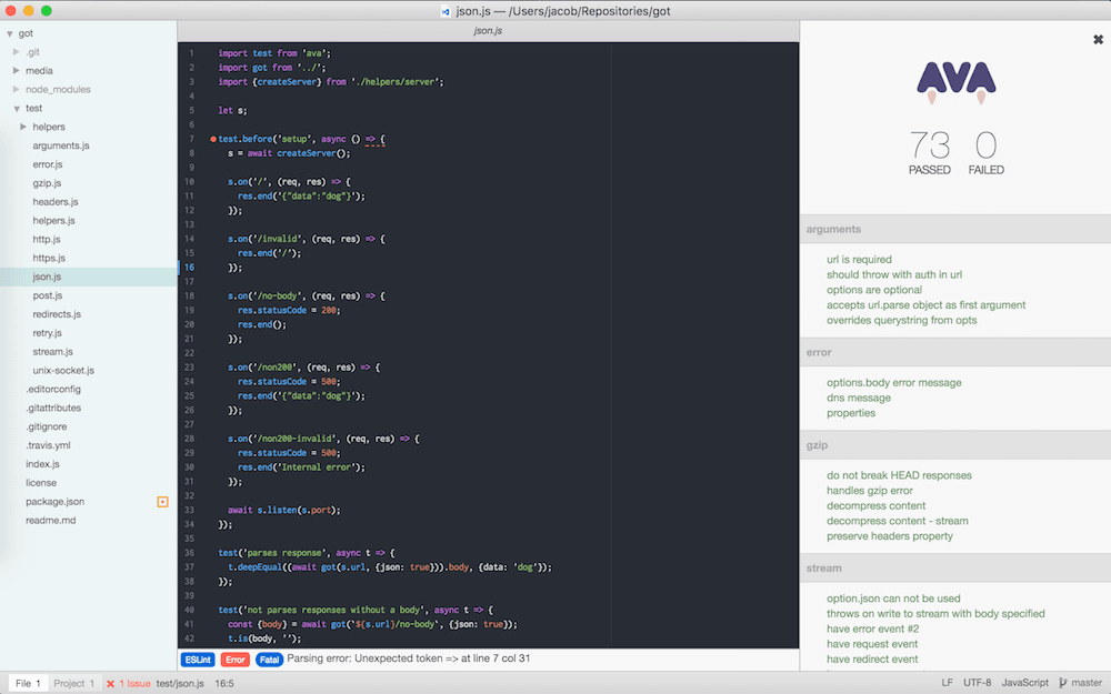 The AVA test runner interated in Atom